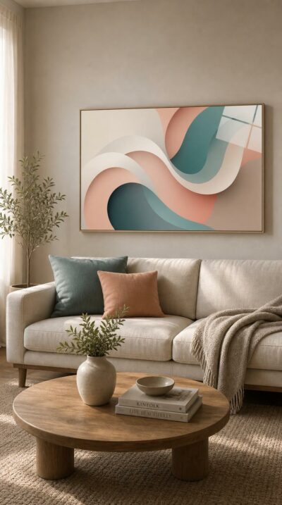 Curving ribbons of blush, ivory and deep teal interlock in slow, weaving motion, a quiet study in flow reduced to its purest forms.