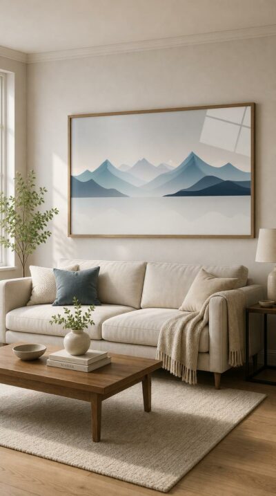 Layered peaks fade into pale mist above a still, mirror-calm surface, rendered in soft gradients of slate and silver-blue.