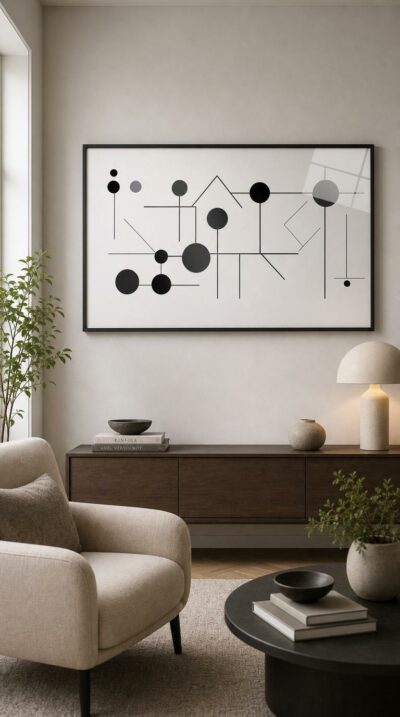 Black and gray circles suspended along slender lines on a soft pale ground, weighing themselves into a quiet, perfectly tuned balance.