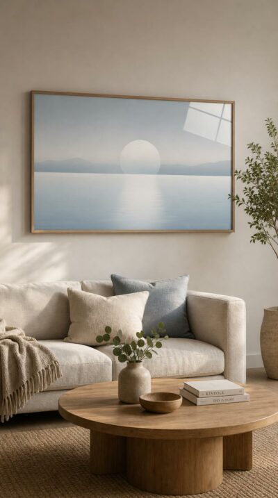 A pale sun rests on a still sea, soft mountains fading into mist, the whole world hushed to silver-blue calm.