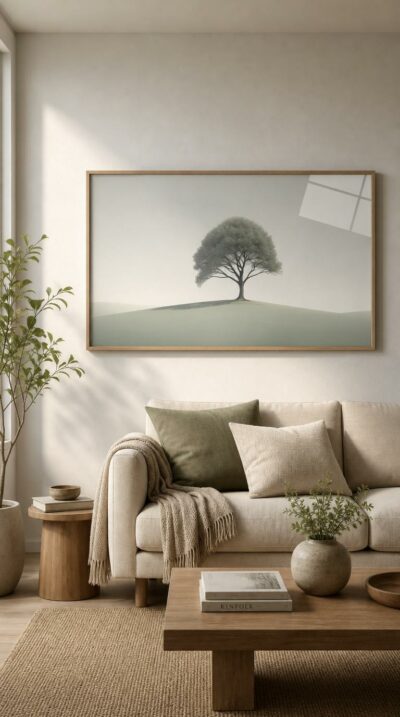 A single broad-crowned tree stands on a pale rolling hill, its silhouette dissolving into a soft, silvery haze of open sky.