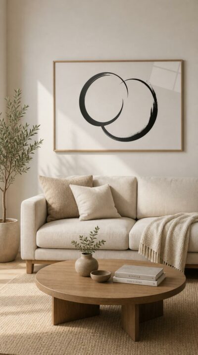 Two black ink circles, brushed in a single confident gesture, meet on a pale ground in a quiet study of presence and imperfection.