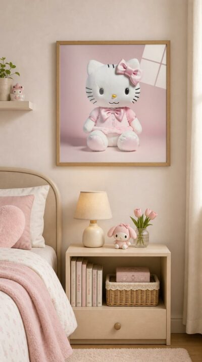 A plush white kitten in a soft pink dress and satin bow sits against a calm pastel rose backdrop, sweet and quietly comforting.