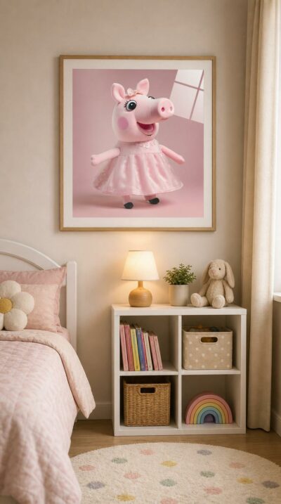 A soft plush piglet in a frothy pink tutu beams against a blush backdrop, all gentle textures and rosy calm.