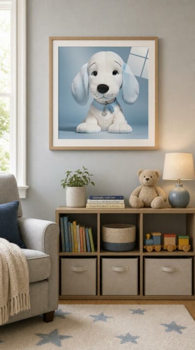 A plush puppy in dreamy pastel blue gazes out with dark, gentle eyes, its floppy ears and soft fur radiating quiet, cuddly tenderness.