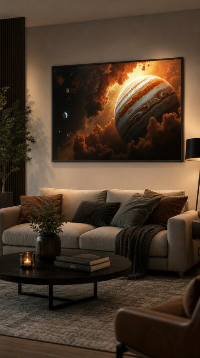 Jupiter reigns in regal stripes of cream and amber, wreathed in fiery clouds while three pale moons drift across a star-dusted dark.