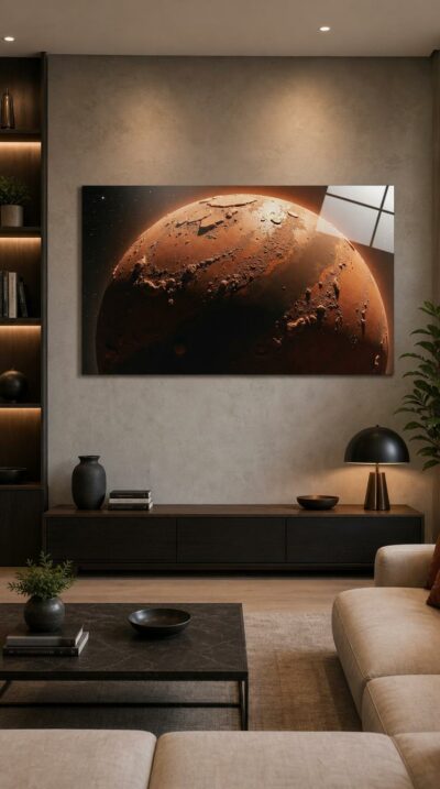 Mars looms close in burnished copper and shadow, its rugged surface catching a rim of fiery light against the deep silence of space.