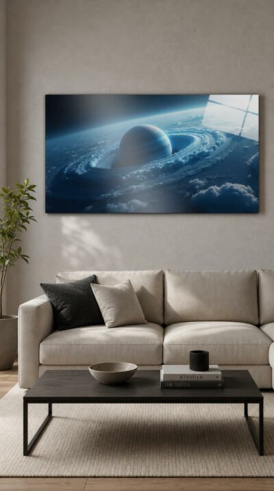 A deep-blue planet rests within a vast spiral of luminous clouds, suspended in the quiet immensity of space.