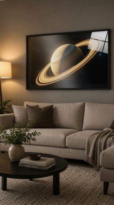 Saturn floats against a field of distant stars, its golden bands and luminous rings caught in soft, diffused light like a sovereign posed for a portrait.