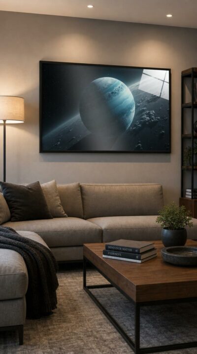 The ice giant drifts in cool blue serenity, banded in pale clouds, suspended above a luminous moonlit horizon at the edge of deep space.
