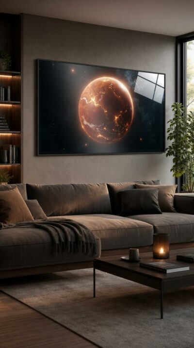 A molten amber world glows against the deep dark of space, its glowing fault lines tracing fiery rivers across a planet caught between beauty and fire.