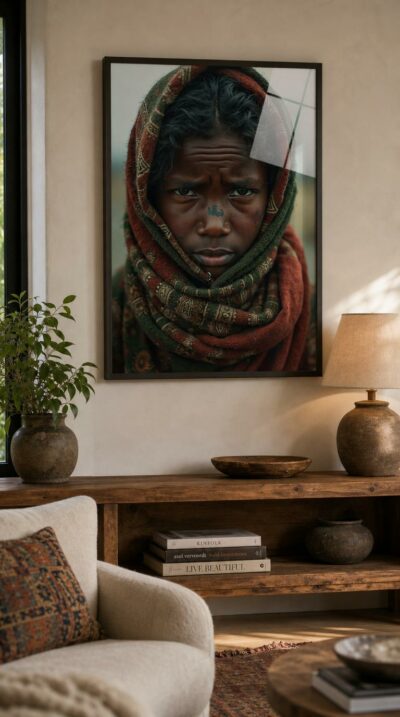 A young face wrapped in earth-toned cloth gazes straight ahead, brow furrowed, carrying the quiet weight of displacement and survival.