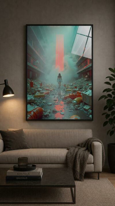 A lone figure walks through a ruined corridor strewn with giant sauce bottles and rubble, drawn toward a glowing red column of light.