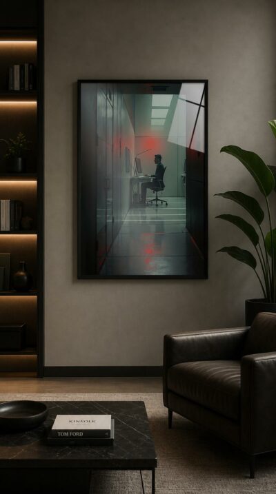 A lone man bends to his screen at the end of a sterile corridor, framed by cold white walls and a single bleed of warning-red light.
