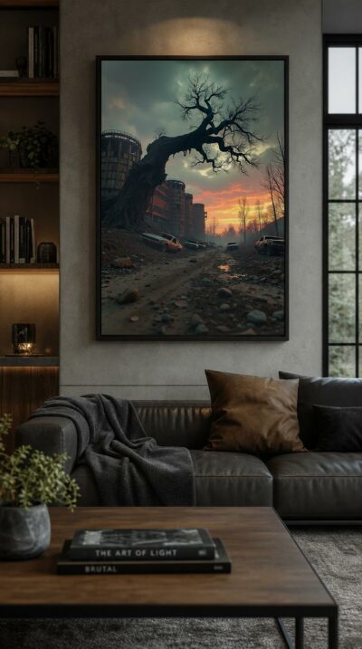 A vast gnarled tree arches over rusting cars sunk in mud, abandoned silos crumbling beneath a bruised and burning sky.