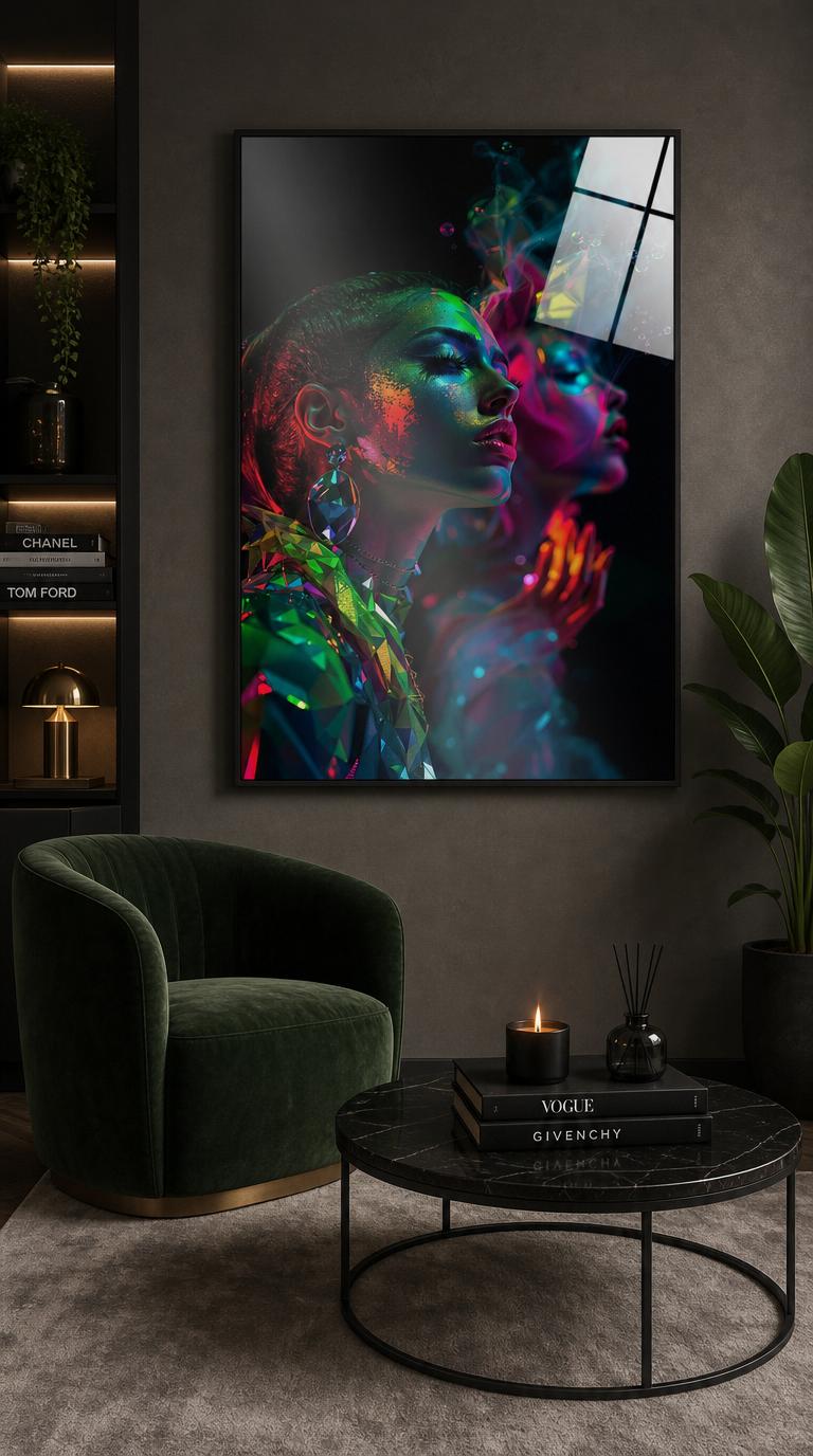 A profile bathed in electric green and magenta light, faceted crystals and shimmering bubbles dissolving into a softly glowing mirror image.