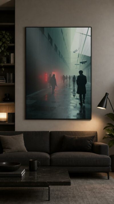 Figures move through a fog-bound concrete corridor, watched by tilting cameras and a slash of red light, in a hushed dystopian city.