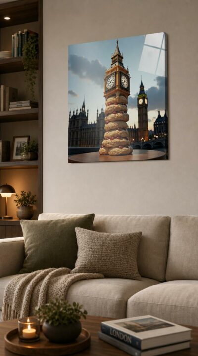 London's iconic clock tower reimagined as a towering stack of buttery scones, jam and clotted cream oozing between layers, set against a glowing Westminster sky.