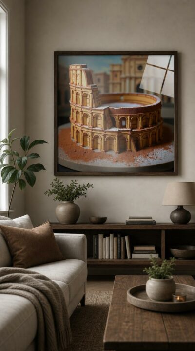 Rome's great amphitheater rebuilt in golden sponge and cocoa dust, its arches dusted with sugar, rising from a sweep of powdered cocoa.