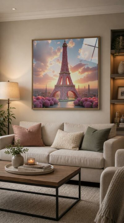 Paris's iron lady reimagined in stacks of rose-pink macarons, rising over a flowering rooftop as a golden sunset gilds the city skyline.