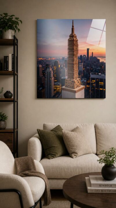 A miniature Empire State Building built from stacked chocolate chip cookies rises against a glowing Manhattan skyline at sunset.