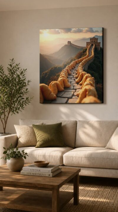 The Great Wall climbs a golden ridge at sunset, its ramparts replaced by row upon row of buttery, sun-warmed pastries marching toward distant watchtowers.