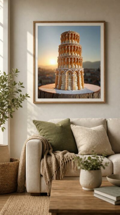 The Leaning Tower of Pisa rebuilt entirely in golden cannoli shells and ricotta cream, glowing against a soft Tuscan sunset.