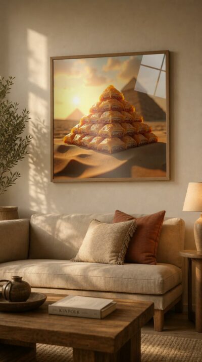 A perfect pyramid of golden, flaky baklava rises from the desert sand at sunset, echoing the great monuments of Giza behind it.