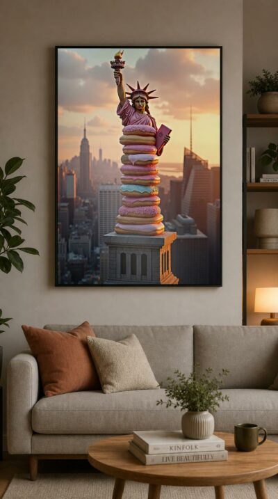 The Statue of Liberty reimagined as a towering stack of glazed donuts, torch raised over a golden New York skyline at dusk.