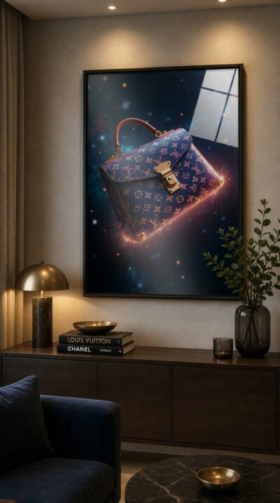 A monogrammed handbag drifts weightless through deep space, its golden clasp glinting like a distant star among nebulae and scattered constellations.
