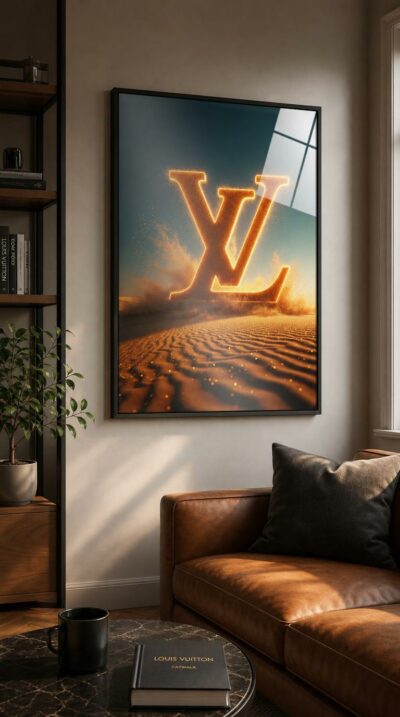 A luminous monogram rises above a vast desert at dawn, its glowing form dissolving into shimmering grains carried off by a soft, weightless wind.