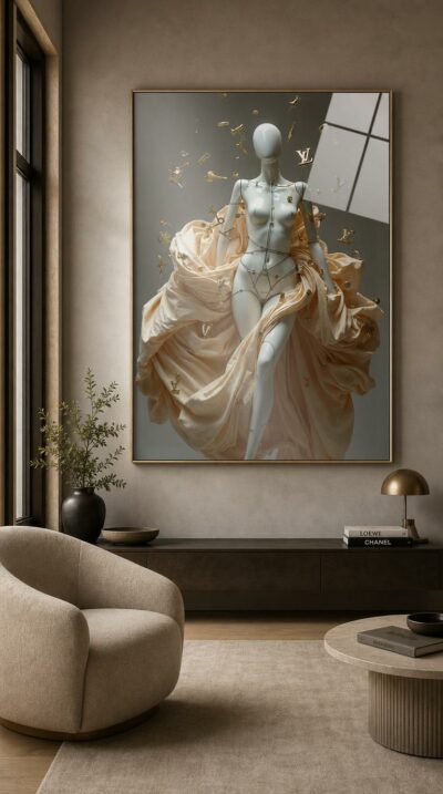 A glossy white mannequin assembles itself in midair, half-dressed in flowing peach cloth, while golden monogram letters and sewing tools drift like a constellation around her.