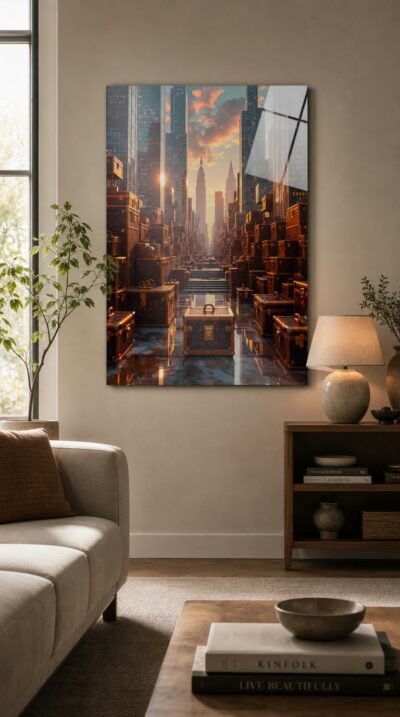 A canyon of monogrammed luxury trunks rises like skyscrapers, golden light pouring down a glassy avenue toward a glowing city skyline at dusk.