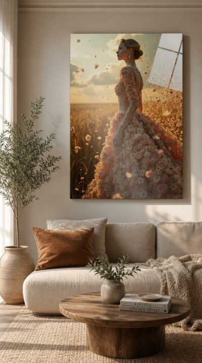 A woman stands in a sunlit field, robed in a flowing gown of roses and petals that drift weightlessly into a golden sky.