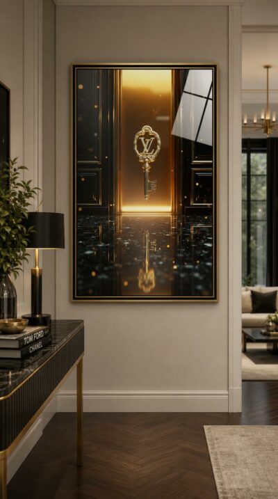 A monumental golden key crowned with an ornate monogram hovers before a glowing doorway, suspended in an endless black void laced with drifting golden light.