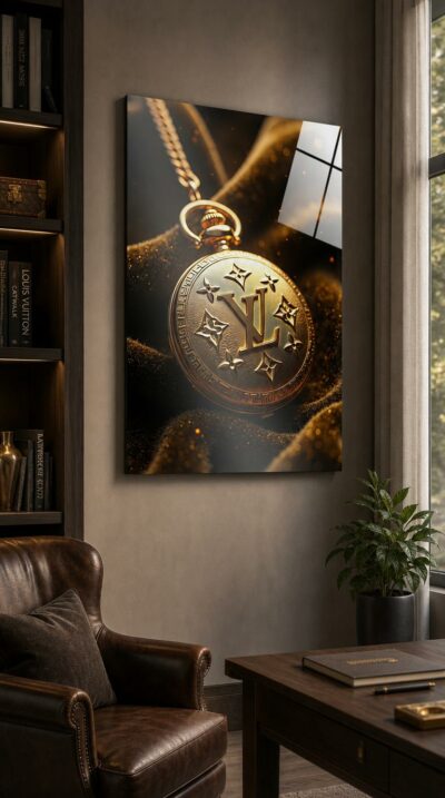 A golden pocket watch, engraved with quatrefoil and monogram motifs, hovers above dark velvet, glowing like a relic from a dream of luxury.