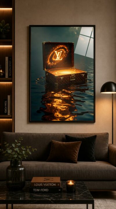 A monogram trunk drifts upon a golden sea, its open lid revealing a swirling galaxy of light, as though travel itself opened onto the cosmos.