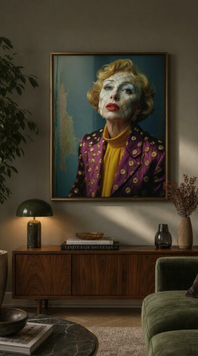 A grand dame in plum and gold lifts her chin, her face mapped in a pale geometric grid, regal and unsettling against peeling blue walls.