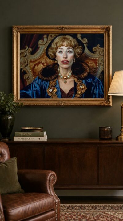 A theatrical baroque portrait of a costumed woman crowned in gold and pearls, gazing past us with stagey grandeur and quiet, knowing irony.