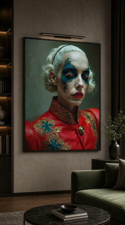 A pale-haired figure in red and gold regalia, one eye masked in painted blue and crimson, gazes from a faded chamber where theater and self quietly blur.