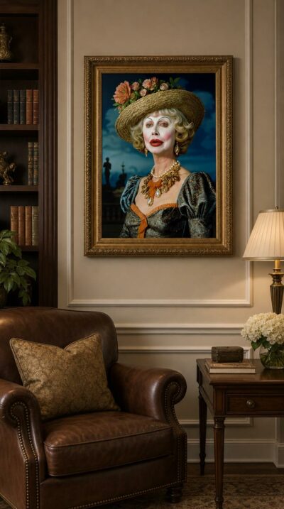 An aging grande dame in opulent dress and flower-crowned straw hat, theatrical makeup masking and revealing the performance of high-society identity.