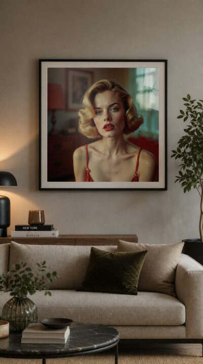 A blonde woman in a red dress poses between roles, parted lips and distant gaze caught in the soft glow of a vintage Hollywood interior.