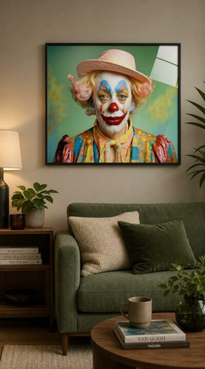A clown in pastel hat and painted smile gazes straight at us, tender and theatrical against a soft mint-green backdrop.