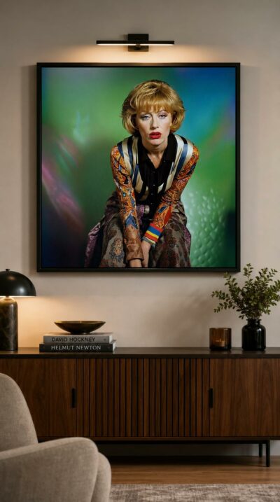 A woman with a blunt blonde bob leans toward us in a swirl of clashing silk prints, flanked by two ghostly costumed forms against electric green light.