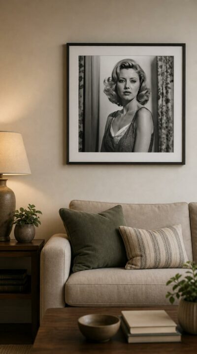 A blonde woman in a 1950s slip dress meets your gaze, lit like a frame from a forgotten film, poised between glamour and quiet unease.