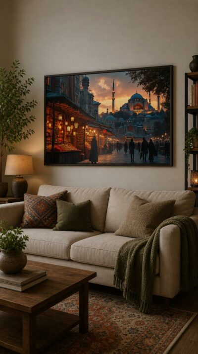 At dusk, lantern-lit bazaar stalls glow in the foreground while the great domed mosque rises against a burning amber sky.