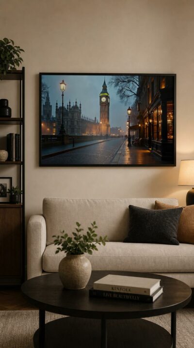 Big Ben glows above a misty cobbled embankment, where Victorian lamplight and the warm windows of a corner pub trace the hush of a London evening.
