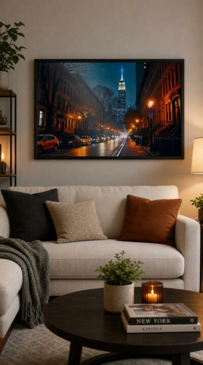 A glowing New York street at night, brownstones aglow with amber lamplight while the Empire State Building rises against a deep indigo sky.