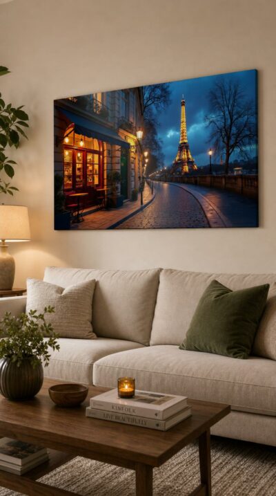 At twilight, the illuminated Eiffel Tower glows above a rain-slicked quay while a warm café casts amber light onto an empty Parisian street.