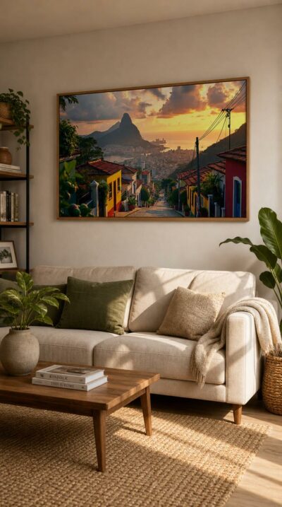 A cobbled hillside lane spills toward Rio de Janeiro at golden dusk, the bay and dark peaks glowing beneath a sky brushed in amber and rose.